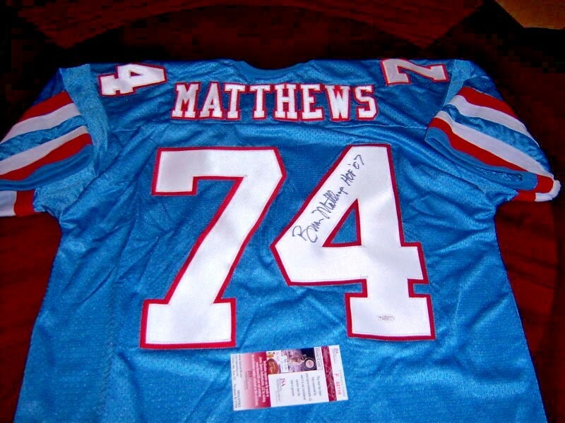 Bruce Matthews Signed Jersey Houston Oilers Titans HOF JSA COA: Bruce Matthews Signed Jersey Houston Oilers Titans HOF JSA COA This is an original pre-owned jersey signed by Bruce Matthews, a Hall of Fame player known for his outstanding career with the Houston Oi