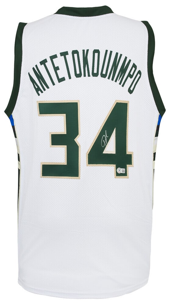 Giannis Antetokounmpo Signed White Greek Freak Jersey JSA Certified: Giannis Antetokounmpo Signed White Greek Freak Jersey JSA Certified Celebrate the incredible talent of Giannis Antetokounmpo with this signed white 'Greek Freak' custom basketball jersey. This origina