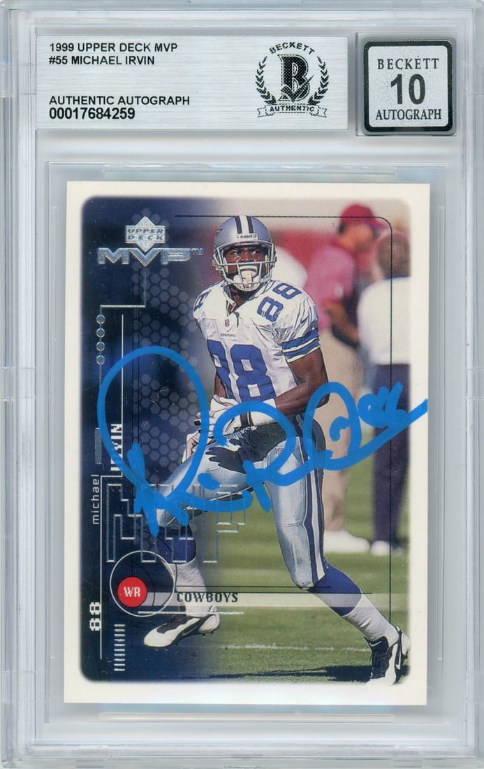 Michael Irvin Signed 1999 Upper Deck MVP Football Card BGS Auto 10 Dallas Cowboys: Michael Irvin Signed 1999 Upper Deck MVP Football Card BGS Auto 10 Dallas Cowboys This is an original 1999 Upper Deck MVP #55 sports trading card featuring Michael Irvin of the Dallas Cowboys. The car
