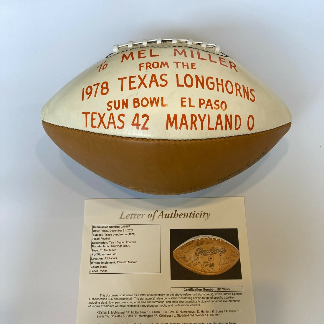 1978 Texas Longhorns Team Signed Football 50+ Autographs JSA COA: 1978 Texas Longhorns Team Signed Football 50+ Autographs JSA COA This rare 1978 Texas Longhorns Team Signed Football features over 50 signatures from the legendary team members. Originally presented t