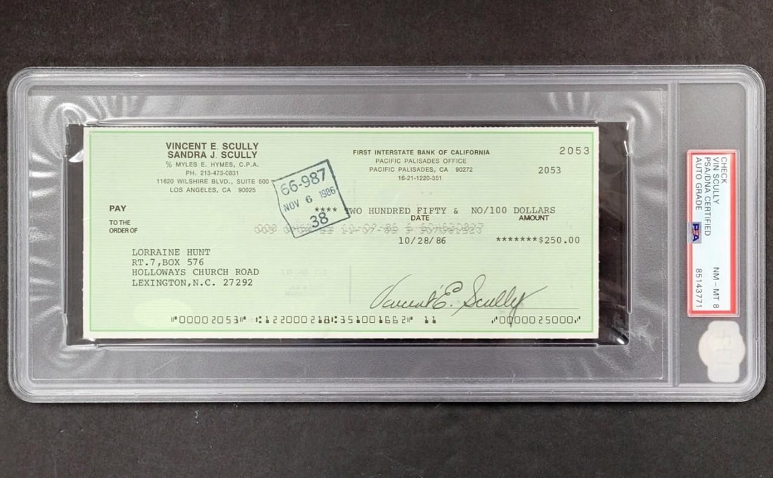 Vin Scully Signed 1986 Dodgers Check PSA Authenticated Auto Grade 8 (1 of 4)