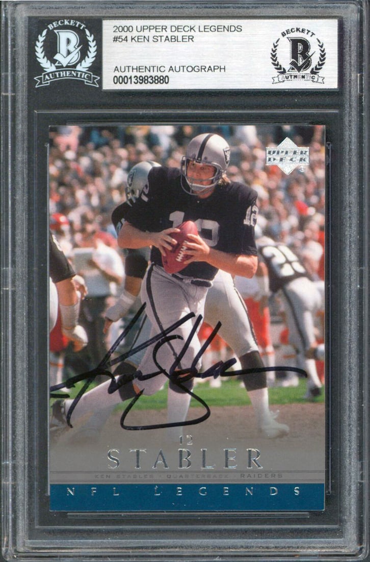 Ken Stabler Autographed 2000 Upper Deck Legends #54 Card Beckett Authenticated: Ken Stabler Autographed 2000 Upper Deck Legends #54 Card Beckett Authenticated This is a 2000 Upper Deck Legends #54 trading card personally signed by Ken Stabler, a legendary quarterback for the Oakl