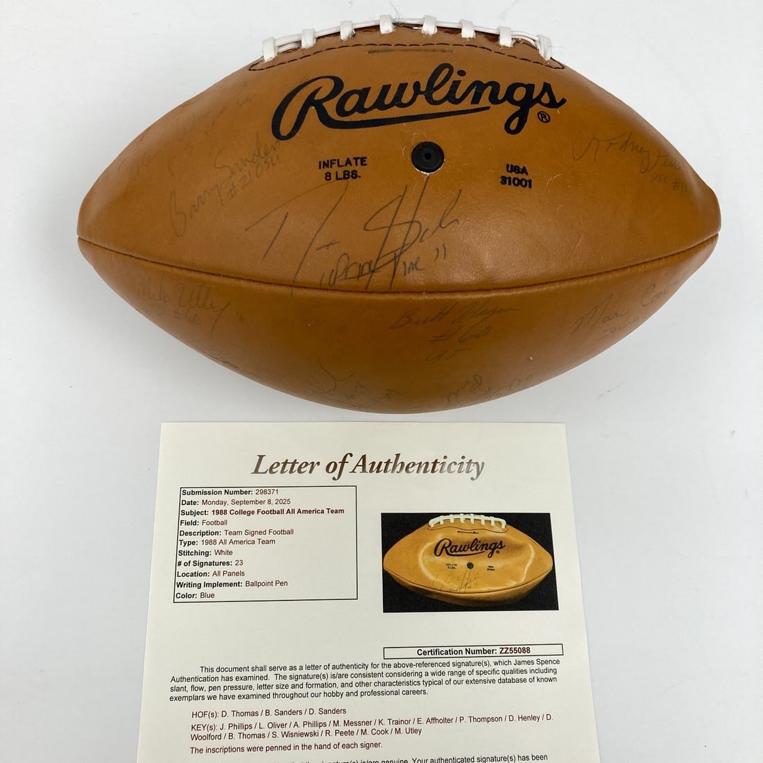 1988 All America Team Signed Football Barry Sanders Deion Sanders JSA COA: 1988 All America Team Signed Football Barry Sanders Deion Sanders JSA COA This original signed football is a remarkable collectible celebrating the 1988 Kodak All America Team, featuring the legendary