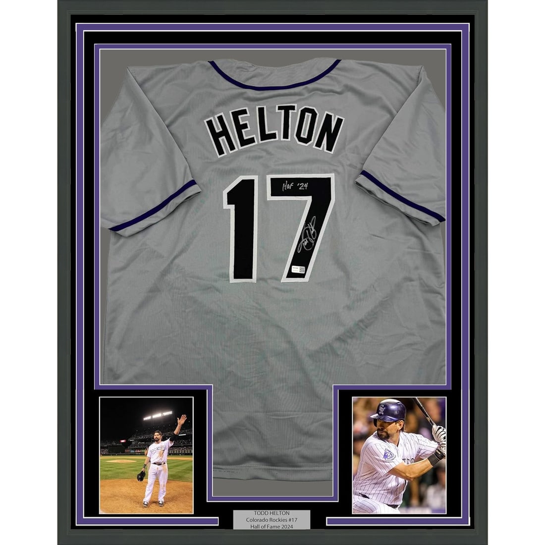 Framed Todd Helton Autographed Jersey with Tristar COA 35x39: Framed Todd Helton Autographed Jersey with Tristar COA 35x39 Celebrate the legacy of Todd Helton with this professionally framed and autographed Colorado Rockies jersey. Measuring 35x39 inches, this p