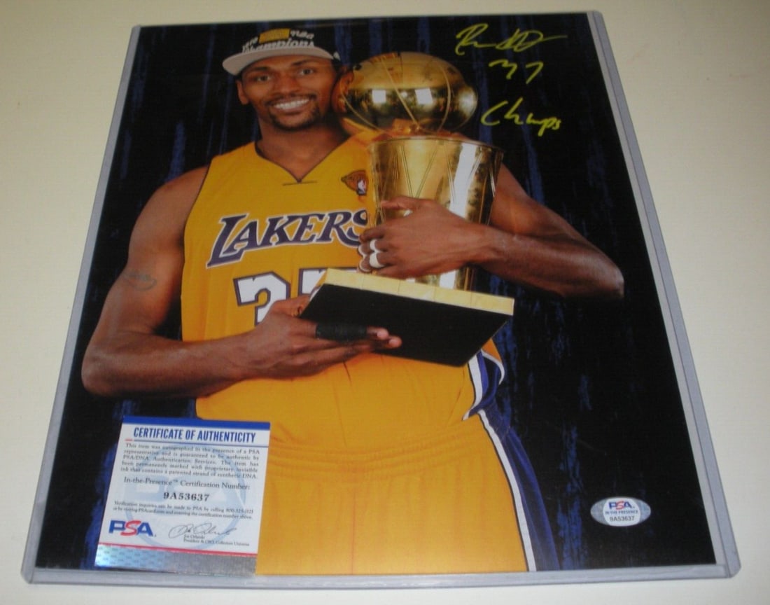 Metta World Peace Signed 11x14 Lakers 2010 Champs Photo PSA/DNA: Metta World Peace Signed 11x14 Lakers 2010 Champs Photo PSA/DNA This vibrant 11x14 photo captures Ron Artest, known as Metta World Peace, celebrating as a member of the Los Angeles Lakers during their