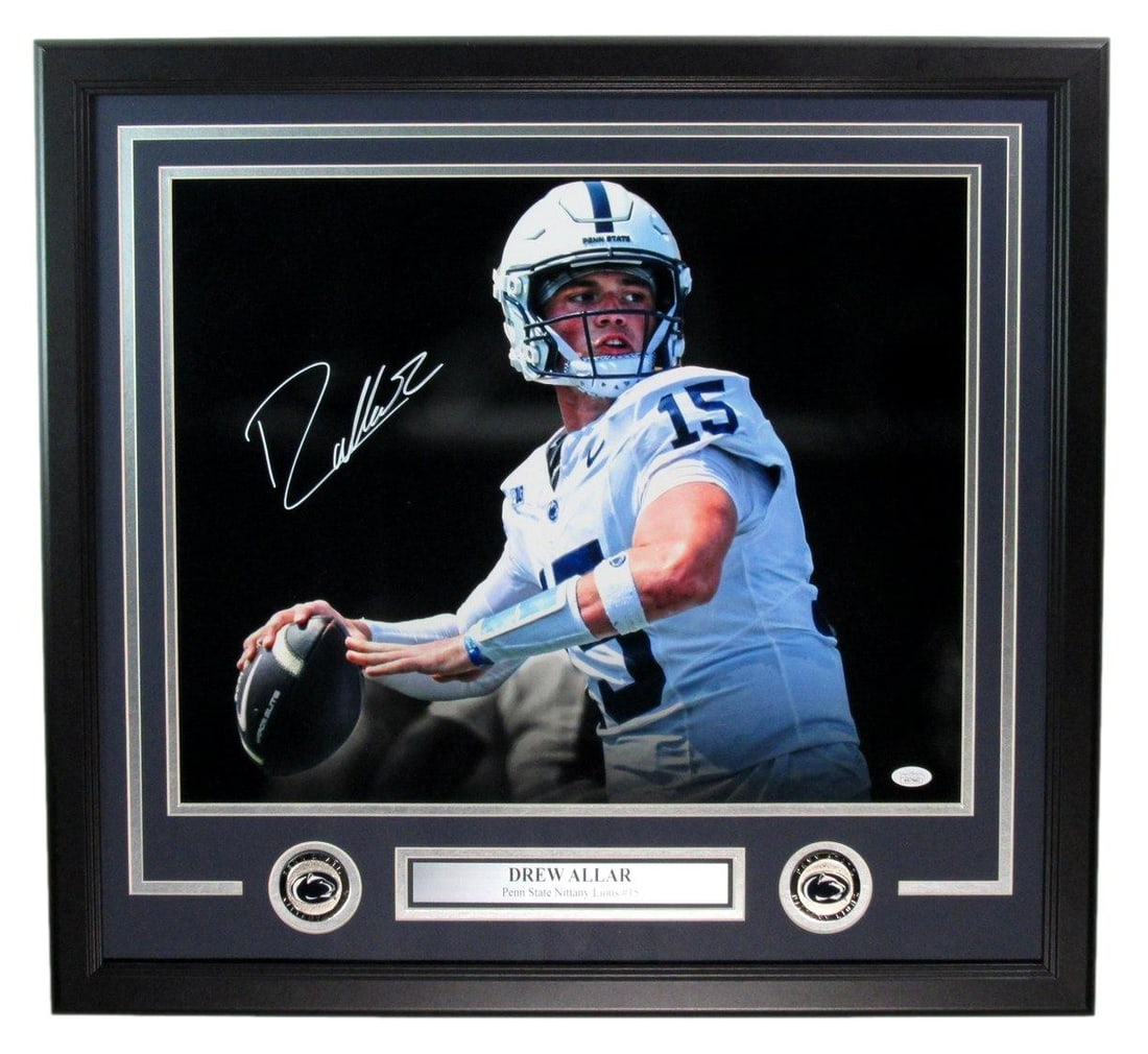 Drew Allar Autographed 16x20 Framed Photo Penn State JSA Certified: Drew Allar Autographed 16x20 Framed Photo Penn State JSA Certified This stunning Drew Allar autographed 16x20 photo showcases the quarterback in action, proudly representing Penn State. The piece is b