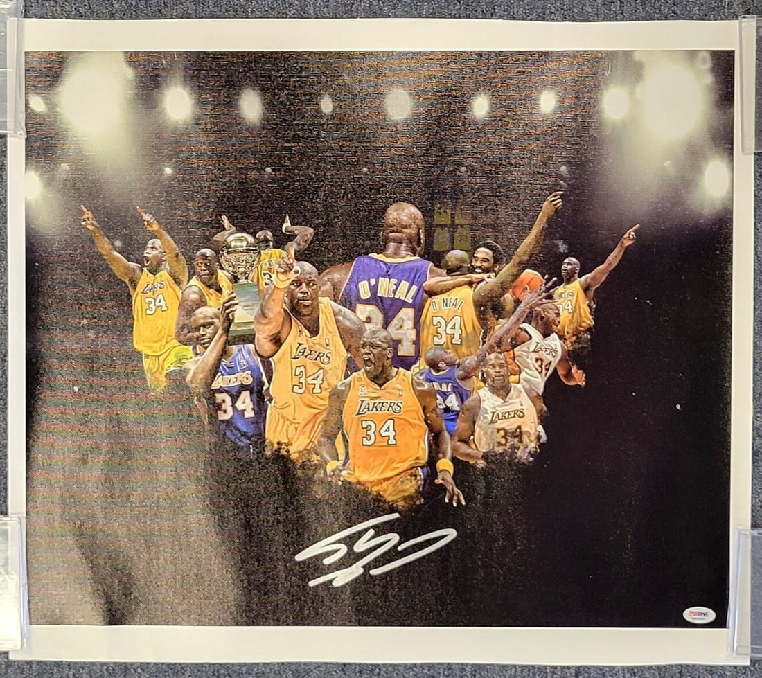 Shaquille O'Neal Signed 18x24 Canvas Photo Lakers HOF PSA/DNA: Shaquille O'Neal Signed 18x24 Canvas Photo Lakers HOF PSA/DNA This is an original 18x24 canvas photo of basketball legend Shaquille O'Neal, showcasing his time with the Los Angeles Lakers. The photo f