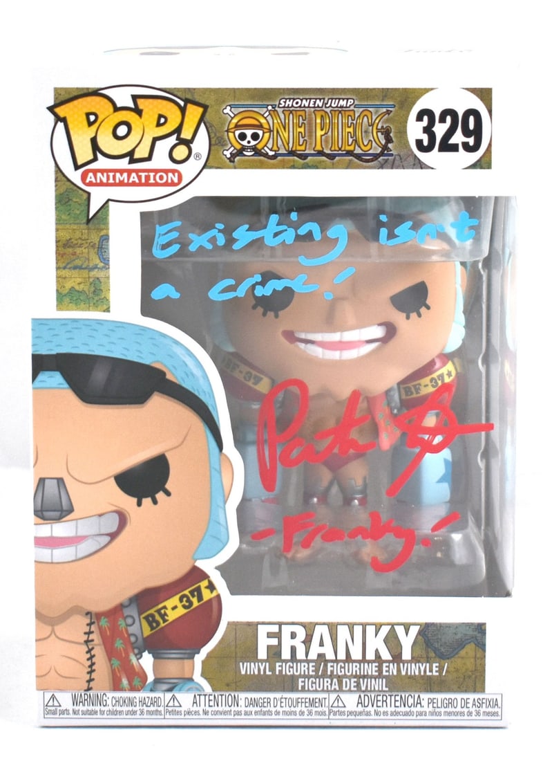 Patrick Seitz Signed Funko POP One Piece Franky #329 JSA Authenticated: Patrick Seitz Signed Funko POP One Piece Franky #329 JSA Authenticated This collectible item features an autographed Funko POP vinyl figure of Franky from the popular franchise One Piece. The figure c