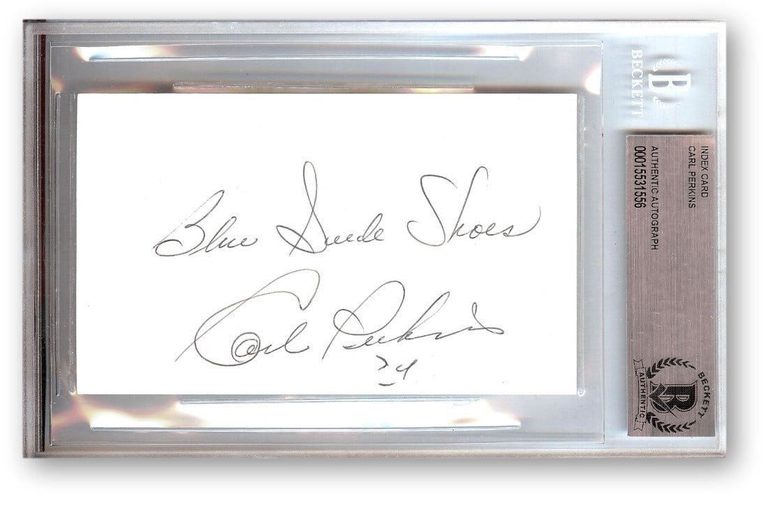 Carl Perkins Autographed Index Card Blue Suede Shoes Beckett Authenticated: Carl Perkins Autographed Index Card Blue Suede Shoes Beckett Authenticated This is an original autographed index card by Carl Perkins, renowned for his hit "Blue Suede Shoes." The card is authenticate
