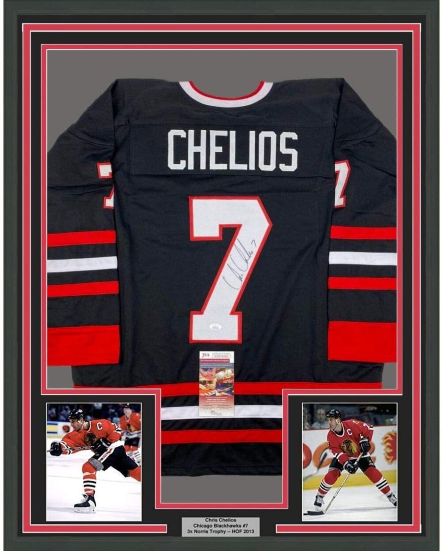 Framed Chris Chelios Signed Chicago Blackhawks Jersey with JSA COA: Framed Chris Chelios Signed Chicago Blackhawks Jersey with JSA COA This professionally framed and matted piece features an authentic autographed Chicago Blackhawks jersey by legendary NHL player Chris