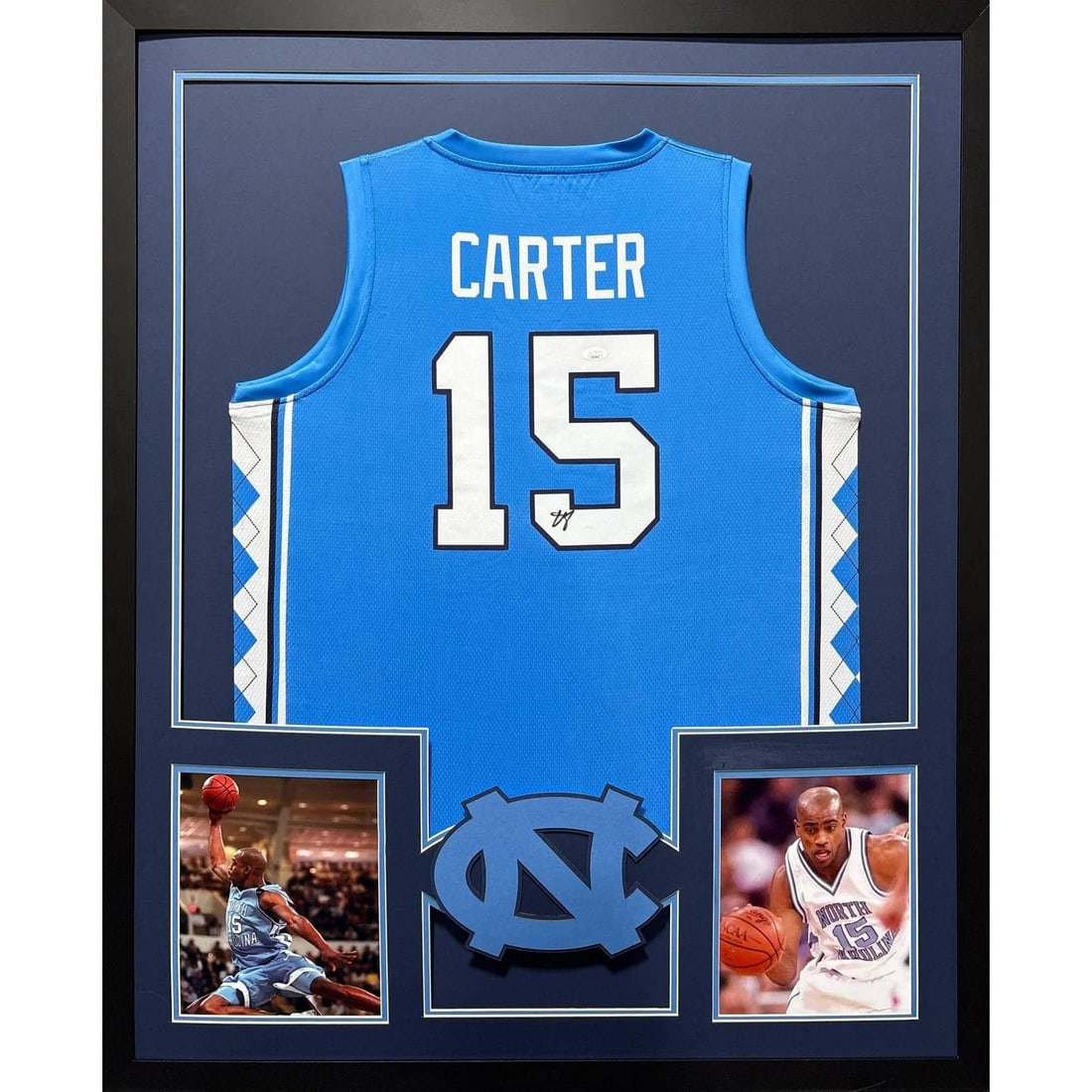 Vince Carter Signed UNC Jersey Framed JSA Authenticated 42x34: Vince Carter Signed UNC Jersey Framed JSA Authenticated 42x34 This autographed Vince Carter framed jersey is a must-have for any North Carolina UNC fan. Authenticated by JSA, a leader in sports memora
