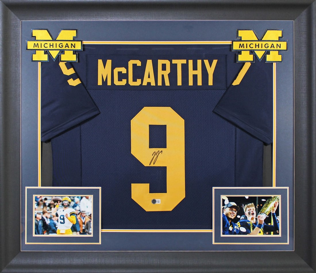 J.J. McCarthy Signed Michigan Wolverines Navy Framed Jersey BAS Authenticated: J.J. McCarthy Signed Michigan Wolverines Navy Framed Jersey BAS Authenticated Celebrate your love for Michigan football with this autographed navy blue pro style framed jersey personally signed by J.J