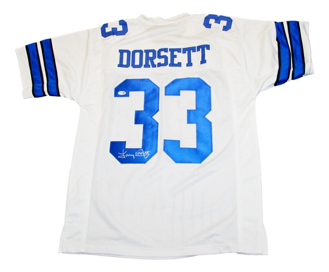 Dallas Cowboys Jersey Signed by Tony Dorsett XL JSA Authenticated: Dallas Cowboys Jersey Signed by Tony Dorsett XL JSA Authenticated This Dallas Cowboys jersey is autographed by Tony Dorsett and comes with authentication from James Spence Authentication (JSA). It is