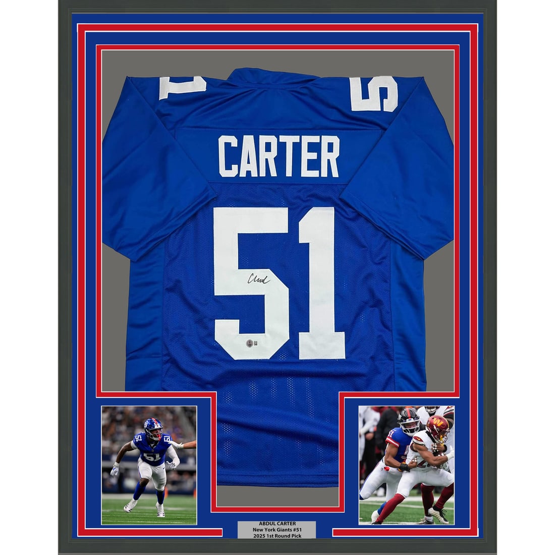 Abdul Carter Signed New York Giants Jersey Display 35x39 Framed Beckett COA: Abdul Carter Signed New York Giants Jersey Display 35x39 Framed Beckett COA This professionally framed blue New York Giants jersey features the autograph of Abdul Carter and comes with a Beckett Certi