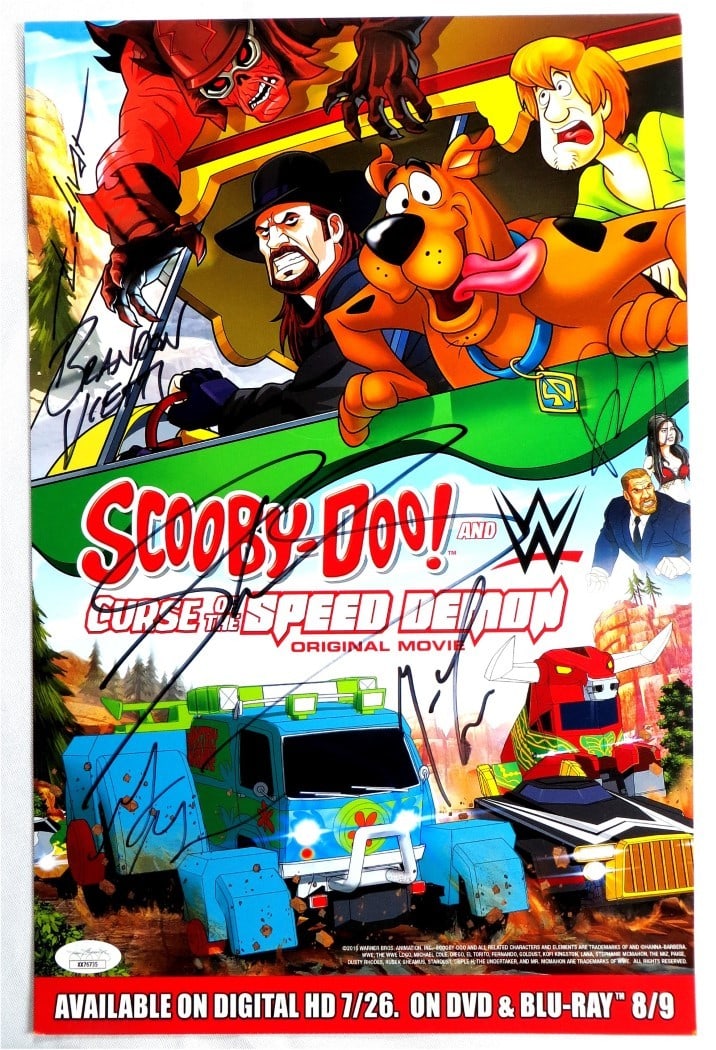 Scooby-Doo WWE Speed Demon Autographed Poster 10x15 6 Signatures JSA: Scooby-Doo WWE Speed Demon Autographed Poster 10x15 6 Signatures JSA This original 10" x 15" poster features the beloved Scooby-Doo! and WWE characters, signed by notable personalities including Matth