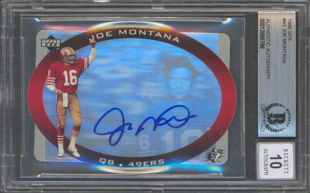 Joe Montana Signed 1996 SPX #43 Card Gem Mint 10 Beckett Authenticated: Joe Montana Signed 1996 SPX #43 Card Gem Mint 10 Beckett Authenticated This 1996 SPX #43 card is an authentic autographed gem mint 10 collectible featuring Joe Montana, the legendary quarterback of th