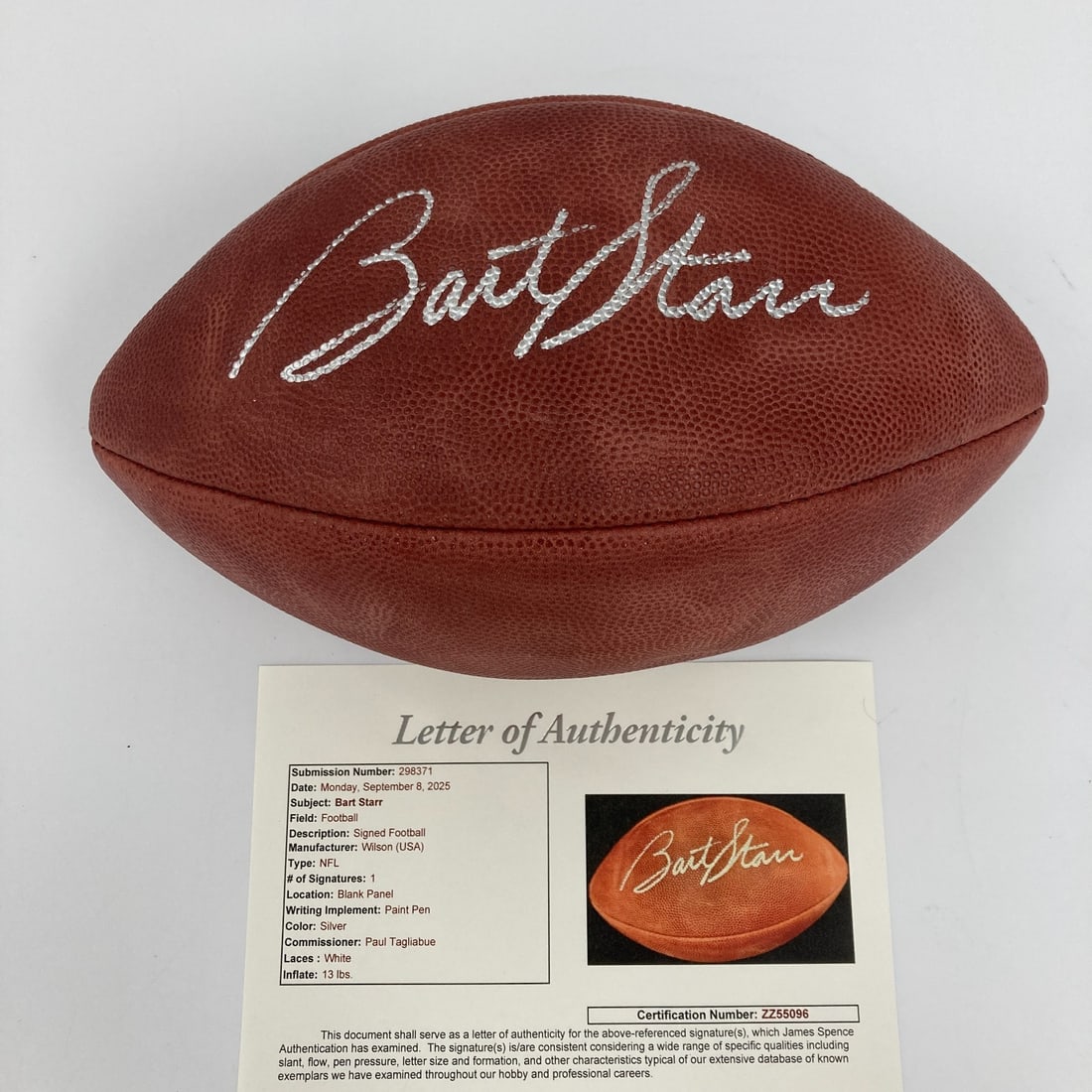 Bart Starr Signed Wilson NFL Football with JSA COA: Bart Starr Signed Wilson NFL Football with JSA COA This is a beautiful official Wilson NFL game football signed by legendary quarterback Bart Starr. The autograph is authenticated by James Spence Auth
