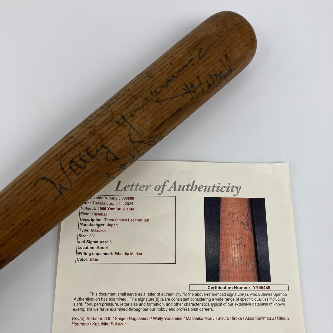1960 Yomiuri Giants Team Signed Bat by Sadaharu Oh JSA COA: 1960 Yomiuri Giants Team Signed Bat by Sadaharu Oh JSA COA This vintage bat commemorates the legendary 1960 Yomiuri Giants, featuring the iconic signature of Sadaharu Oh along with six other team memb