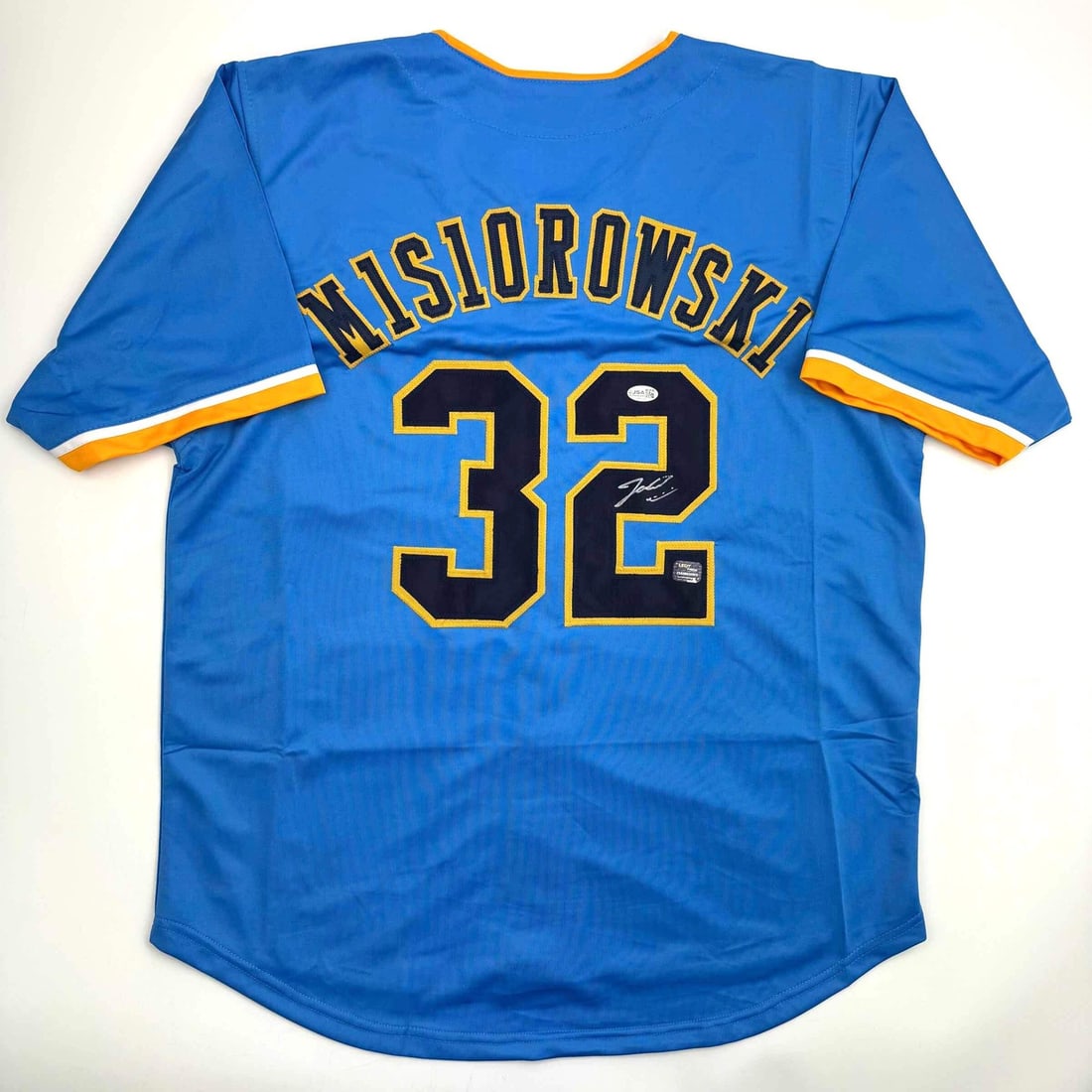 Jacob Misiorowski Signed Custom Milwaukee Blue Jersey with JSA Authentication: Jacob Misiorowski Signed Custom Milwaukee Blue Jersey with JSA Authentication This is a custom blue baseball jersey featuring the name and number of Jacob Misiorowski. The jersey is autographed by Jac