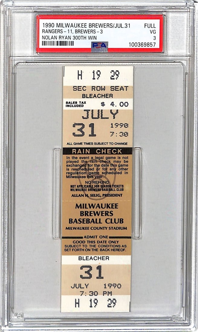 Nolan Ryan 300th Win Full Ticket 1990 PSA 3 Texas Rangers (1 of 2)