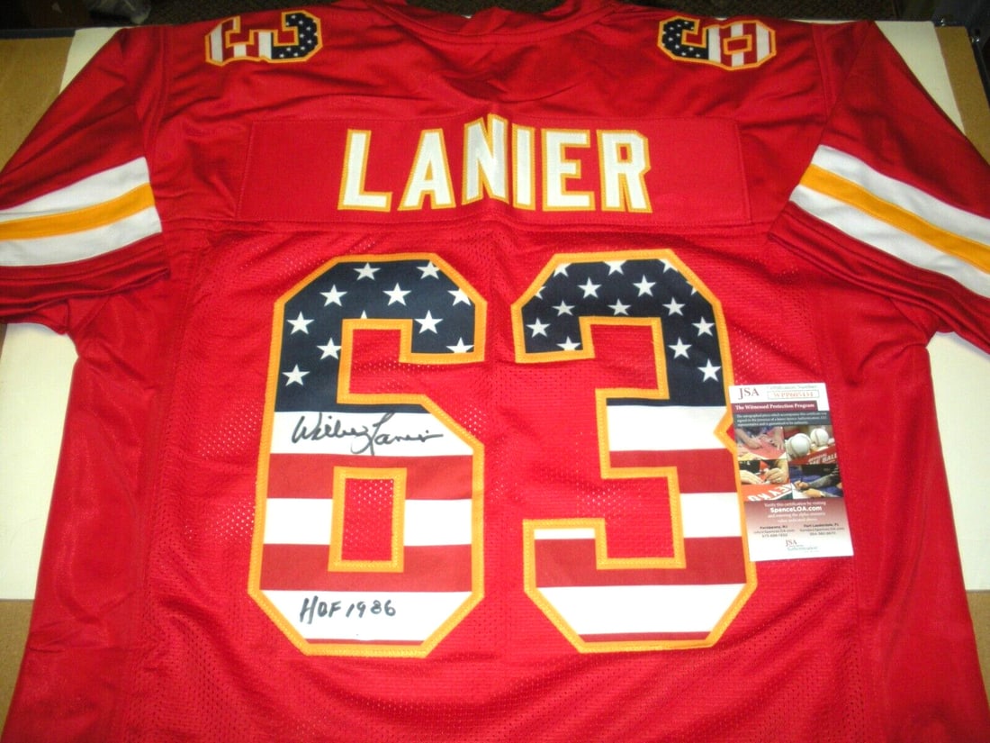 Willie Lanier Signed Kansas City Chiefs Jersey HOF 1986 JSA COA Rare: Willie Lanier Signed Kansas City Chiefs Jersey HOF 1986 JSA COA Rare This rare signed jersey commemorates Willie Lanier, a Hall of Famer inducted in 1986, representing the Kansas City Chiefs. The jers