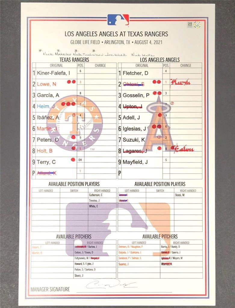 Shohei Ohtani Game Used Lineup Card 10th Win Angels vs Rangers MLB: Shohei Ohtani Game Used Lineup Card 10th Win Angels vs Rangers MLB Celebrate Shohei Ohtani's impressive 10th career win with this game-used lineup card from the 2021 season. This officially licensed m