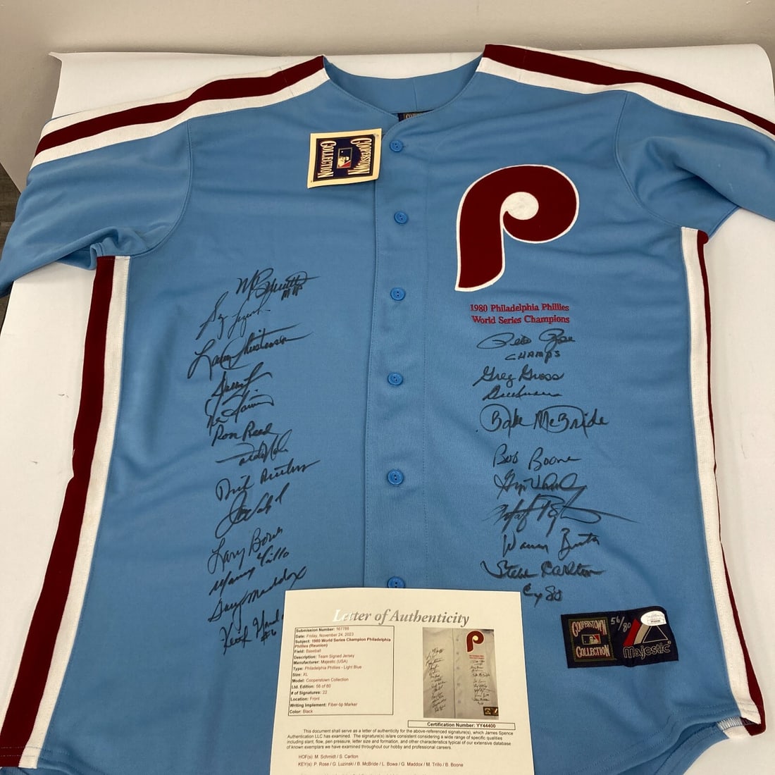 1980 Philadelphia Phillies Limited Edition Team Signed Jersey JSA COA: 1980 Philadelphia Phillies Limited Edition Team Signed Jersey JSA COA Celebrate the historic victory of the 1980 Philadelphia Phillies with this authentic signed jersey from the World Series Champions