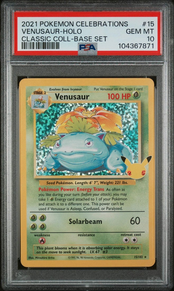 2021 Venusaur Classic Collection Card PSA 10 from Pokemon Celebrations: 2021 Venusaur Classic Collection Card PSA 10 from Pokemon Celebrations This is an original 2021 Pokemon Celebrations #15 Venusaur card from the Classic Collection Set, professionally graded PSA 10 by