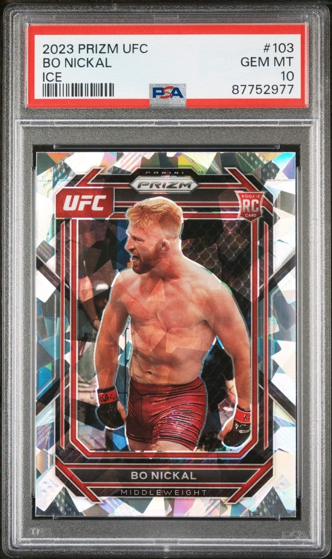 2023 Panini Prizm UFC Bo Nickal #103 Ice Rookie Card PSA 10: 2023 Panini Prizm UFC Bo Nickal #103 Ice Rookie Card PSA 10 This is a 2023 Panini Prizm UFC Bo Nickal #103 Ice Rookie RC card, graded PSA 10, ensuring its high quality and authenticity. The card featu