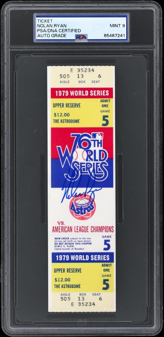 Nolan Ryan Autographed 1975 World Series Ticket PSA 9 Mint Astros: Nolan Ryan Autographed 1975 World Series Ticket PSA 9 Mint Astros This is a signed ticket stub from the 1975 World Series featuring Nolan Ryan, authenticated by Professional Sports Authenticator (PSA)
