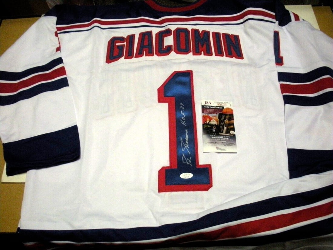 Eddie Giacomin Signed New York Rangers Jersey JSA COA HOF 1987 (1 of 2)