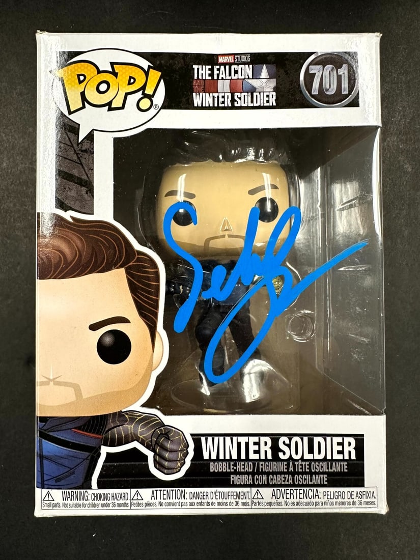 Autographed Winter Soldier Funko Pop 701 by Sebastian Stan Beckett Authenticated: Autographed Winter Soldier Funko Pop 701 by Sebastian Stan Beckett Authenticated This is a pre-owned Funko Pop! figure of the Winter Soldier (#701), signed by Sebastian Stan. The autograph has been au