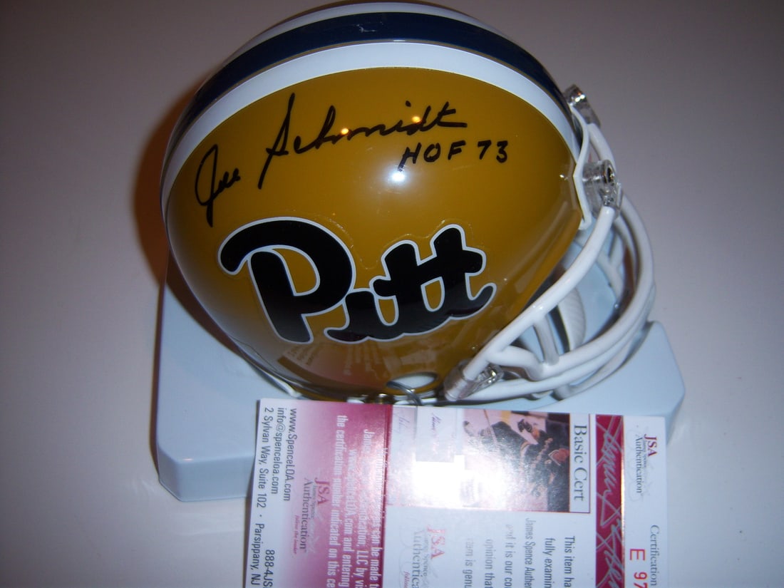 Joe Schmidt Signed Mini Helmet Pittsburgh Panthers Lions JSA COA: Joe Schmidt Signed Mini Helmet Pittsburgh Panthers Lions JSA COA This is a pre-owned mini helmet signed by Joe Schmidt, a notable player from the Pittsburgh Panthers and Lions, and a member of the Hal