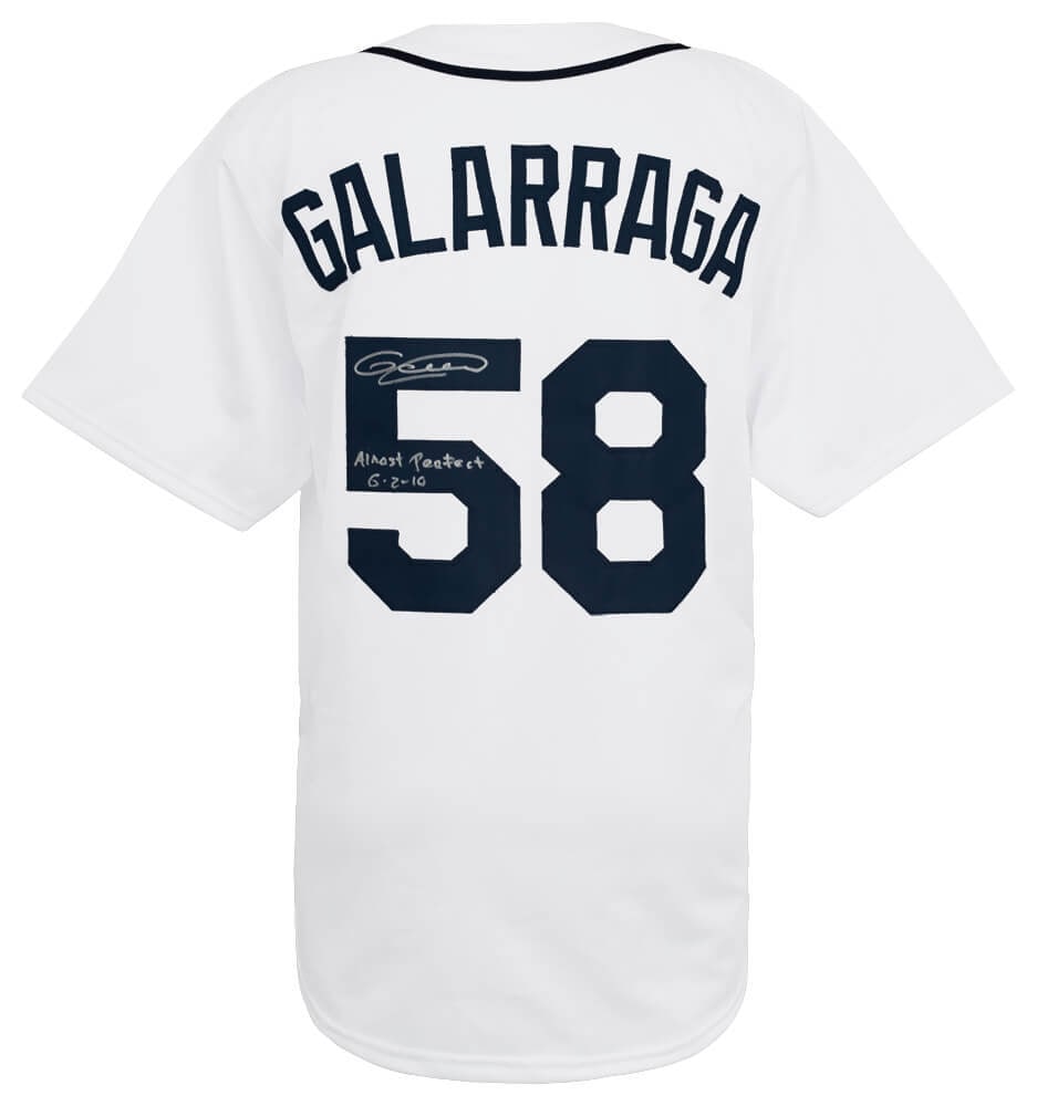 Armando Galarraga Signed Custom Jersey Almost Perfect 6-2-10 (SS COA): Armando Galarraga Signed Custom Jersey Almost Perfect 6-2-10 (SS COA) This is an original signed white custom baseball jersey from Armando Galarraga, featuring the inscription 'Almost Perfect 6-2-10'.