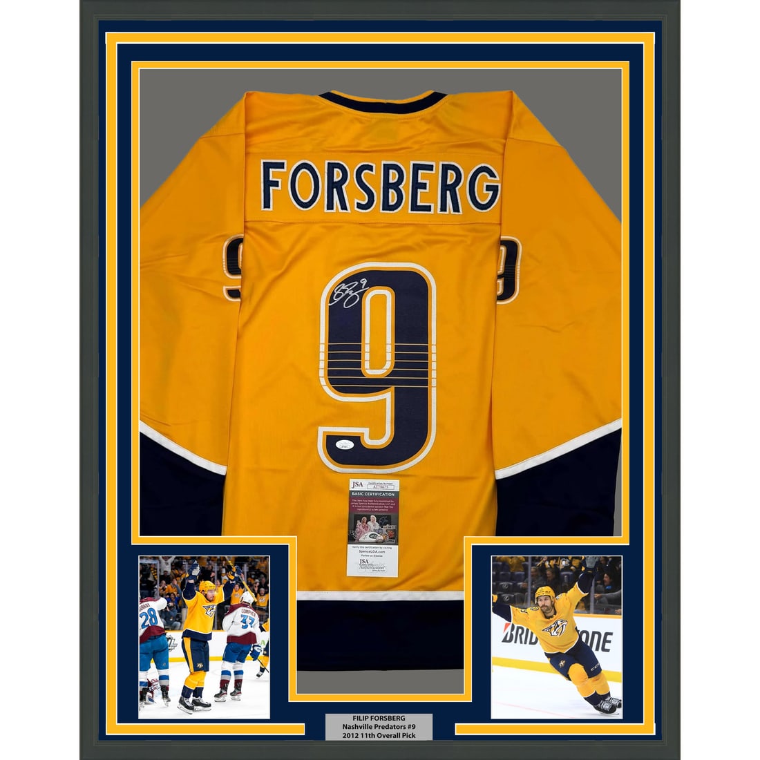 Filip Forsberg Autographed Framed Jersey Nashville Predators JSA COA 35x39: Filip Forsberg Autographed Framed Jersey Nashville Predators JSA COA 35x39 Celebrate your passion for hockey with this framed autographed Filip Forsberg Nashville Predators jersey. The jersey features