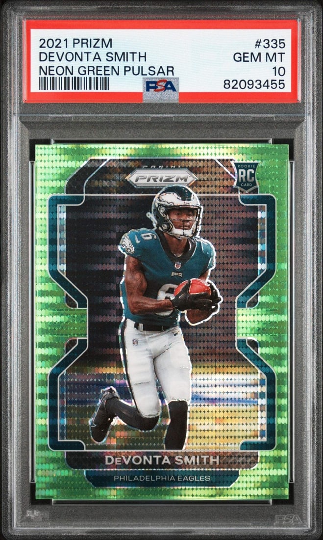 2021 Prizm DeVonta Smith #335 Neon Green Pulsar RC Card PSA 10: 2021 Prizm DeVonta Smith #335 Neon Green Pulsar RC Card PSA 10 This graded 2021 Prizm DeVonta Smith #335 Neon Green Pulsar Rookie Card is a must-have for any NFL collector. Authenticated and graded as