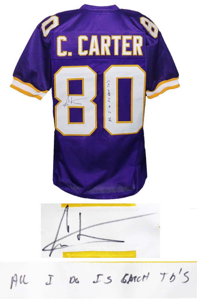 Cris Carter Signed Purple Vikings Jersey All I Do Is Catch TD's COA: Cris Carter Signed Purple Vikings Jersey All I Do Is Catch TD's COA Celebrate the legacy of Cris Carter with this signed purple custom football jersey featuring the inscription 'All I Do Is Catch TD's
