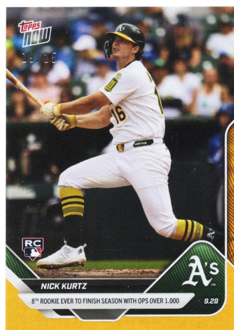 Nick Kurtz Athletics 2025 Topps Now Orange Foil Rookie Card #787 Serial Numbered /25: Nick Kurtz Athletics 2025 Topps Now Orange Foil Rookie Card #787 Serial Numbered /25 This is a 2025 Topps Now Nick Kurtz #787 Orange Foil /25 Athletics Rookie RC baseball card. The card is an original