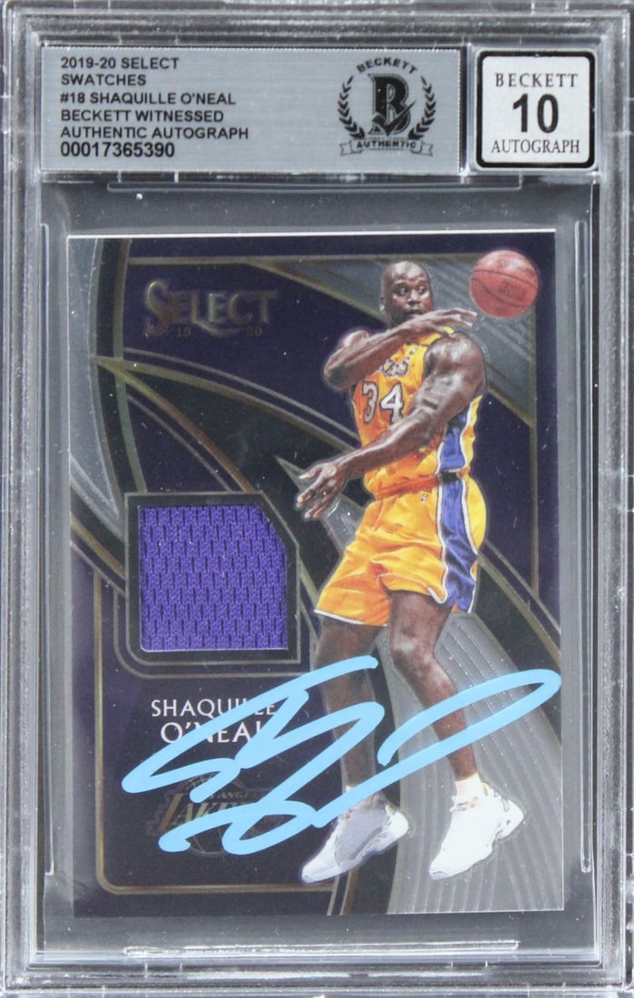 Shaquille O'Neal Signed 2019 Select Swatches #18 Card Gem Mint 10 Beckett Authenticated: Shaquille O'Neal Signed 2019 Select Swatches #18 Card Gem Mint 10 Beckett Authenticated This is a signed 2019 Select Swatches #18 card featuring Shaquille O'Neal, a legendary player of the Los Angeles