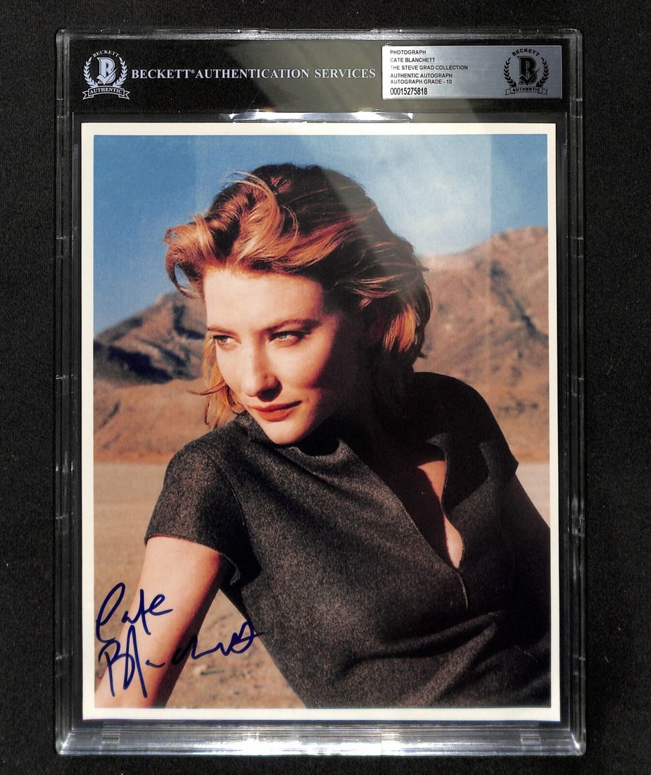Autographed Cate Blanchett 8x10 Photo with Beckett Slab and Grade 10: Autographed Cate Blanchett 8x10 Photo with Beckett Slab and Grade 10 This is an original 8x10 color photograph signed by Cate Blanchett in blue permanent marker. The autograph has been authenticated a