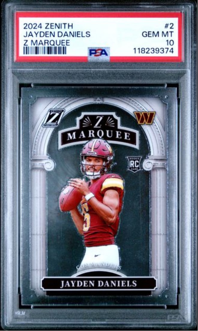 2024 Panini Zenith Jayden Daniels Rookie Card PSA 10 Mint NFL Authentic: 2024 Panini Zenith Jayden Daniels Rookie Card PSA 10 Mint NFL Authentic This graded 2024 Panini Zenith Jayden Daniels #2 Z Marquee Rookie RC Card is a must-have for collectors. Authenticated by Profes