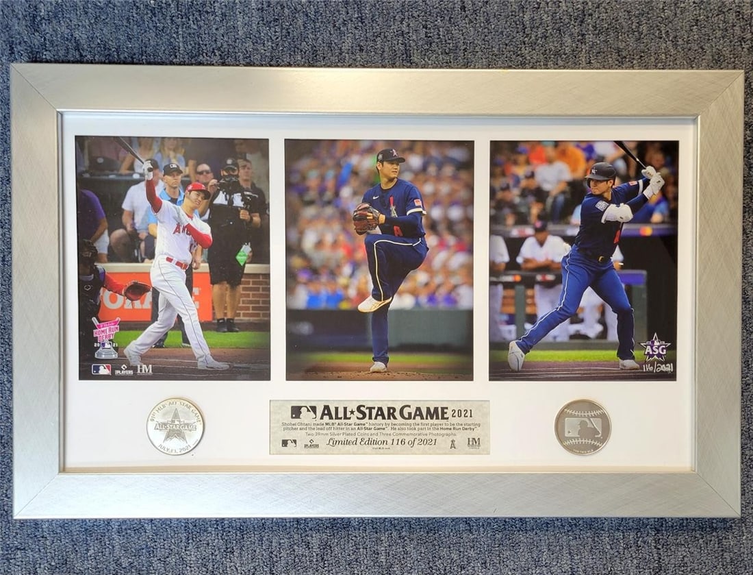 Shohei Ohtani 2021 All Star Game Photo and Silver Coin Display: Shohei Ohtani 2021 All Star Game Photo and Silver Coin Display This display features a photo of Shohei Ohtani from the 2021 All Star Game alongside a silver coin. It is a collectible item produced by