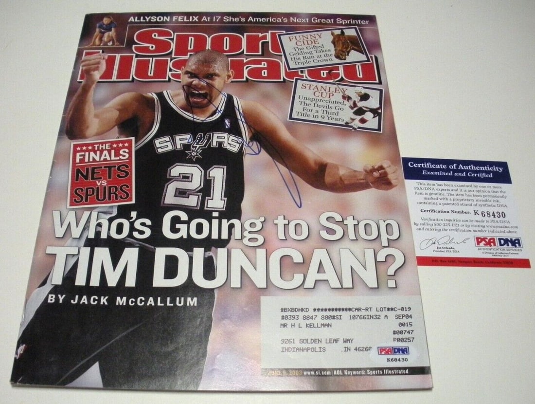 Tim Duncan Signed Sports Illustrated Magazine PSA/DNA Authentic: Tim Duncan Signed Sports Illustrated Magazine PSA/DNA Authentic This item features a signed Sports Illustrated magazine featuring Tim Duncan, the legendary San Antonio Spurs player and Hall of Famer.