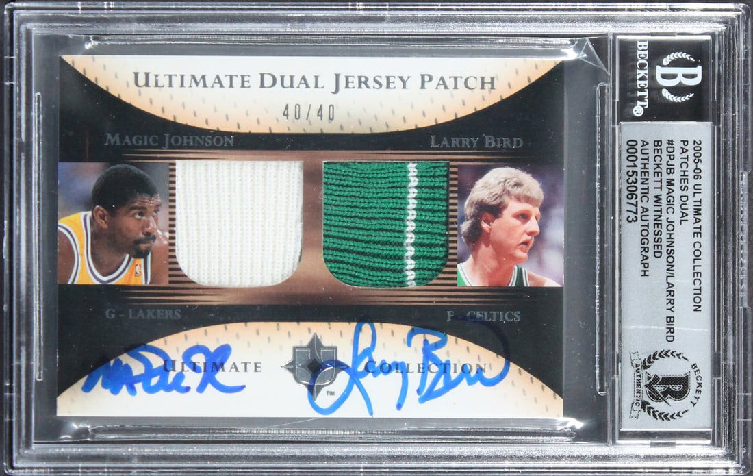 Magic Johnson Larry Bird Signed 2005 Ultimate Patches DPJB 40/40 Card BAS Authenticated (1 of 2)