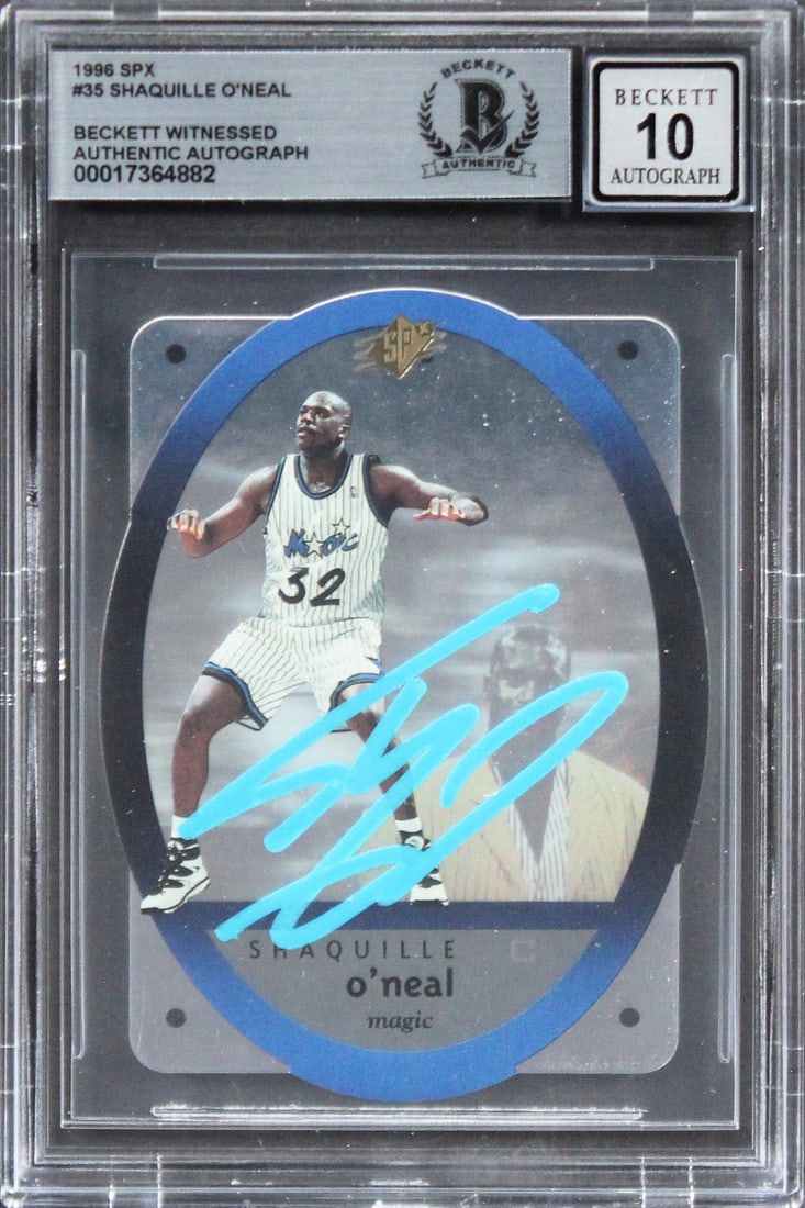 Shaquille O'Neal 1996 SPX #35 Signed Basketball Card Gem Mint 10 Beckett Authenticated: Shaquille O'Neal 1996 SPX #35 Signed Basketball Card Gem Mint 10 Beckett Authenticated This is an authentic 1996 SPX #35 trading card featuring Shaquille O'Neal, personally signed by the basketball le