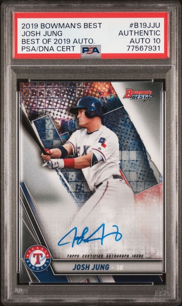 Josh Jung 2019 Bowman's Best PSA 10 Baseball Card Texas Rangers: Josh Jung 2019 Bowman's Best PSA 10 Baseball Card Texas Rangers This is a 2019 Bowman's Best of 2019 baseball trading card featuring Josh Jung of the Texas Rangers. The card has been professionally gr