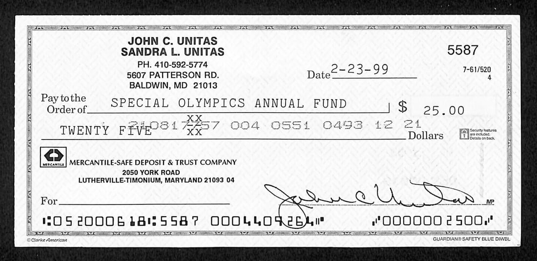 Johnny Unitas HOF Autographed 1999 Bank Check Baltimore Colts JSA Certified: Johnny Unitas HOF Autographed 1999 Bank Check Baltimore Colts JSA Certified This is an original, autographed 1999 bank check signed by Johnny Unitas, a Hall of Fame quarterback for the Baltimore Colts
