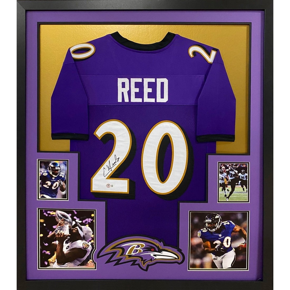 Ed Reed Autographed Framed Purple Jersey Baltimore Ravens Beckett Certified: Ed Reed Autographed Framed Purple Jersey Baltimore Ravens Beckett Certified This autographed Ed Reed framed jersey is a must-have for any Baltimore Ravens fan. Authenticated by Beckett, a leader in sp