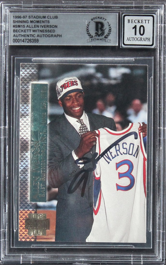 Allen Iverson Signed 1996 Stadium Club Shining Moments RC Gem Mint 10 Beckett: Allen Iverson Signed 1996 Stadium Club Shining Moments RC Gem Mint 10 Beckett Celebrate the legacy of basketball with this autographed 1996 Stadium Club Shining Moments #SM15 Rookie Card, personally s