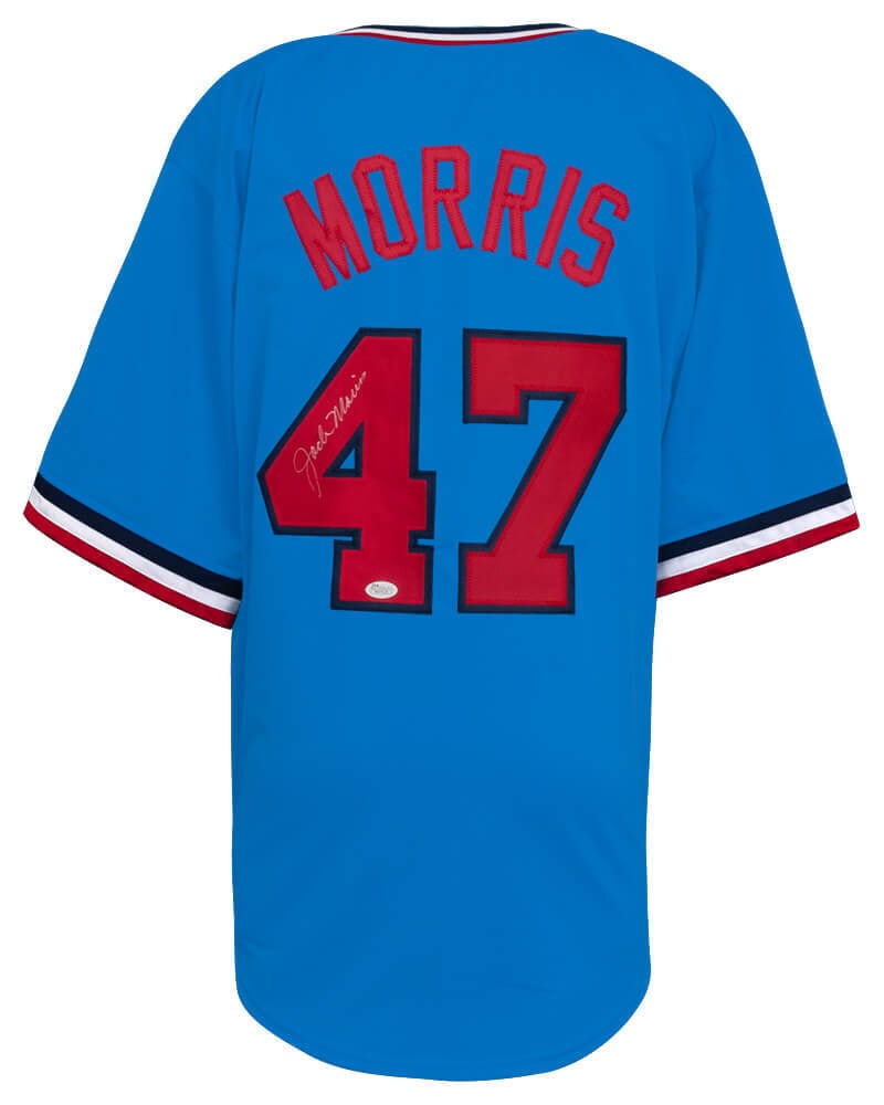 Jack Morris Signed Minnesota Twins Baby Blue Jersey with JSA COA: Jack Morris Signed Minnesota Twins Baby Blue Jersey with JSA COA This is a Jack Morris signed baby blue throwback custom baseball jersey, representing the Minnesota Twins. The jersey is an adult size